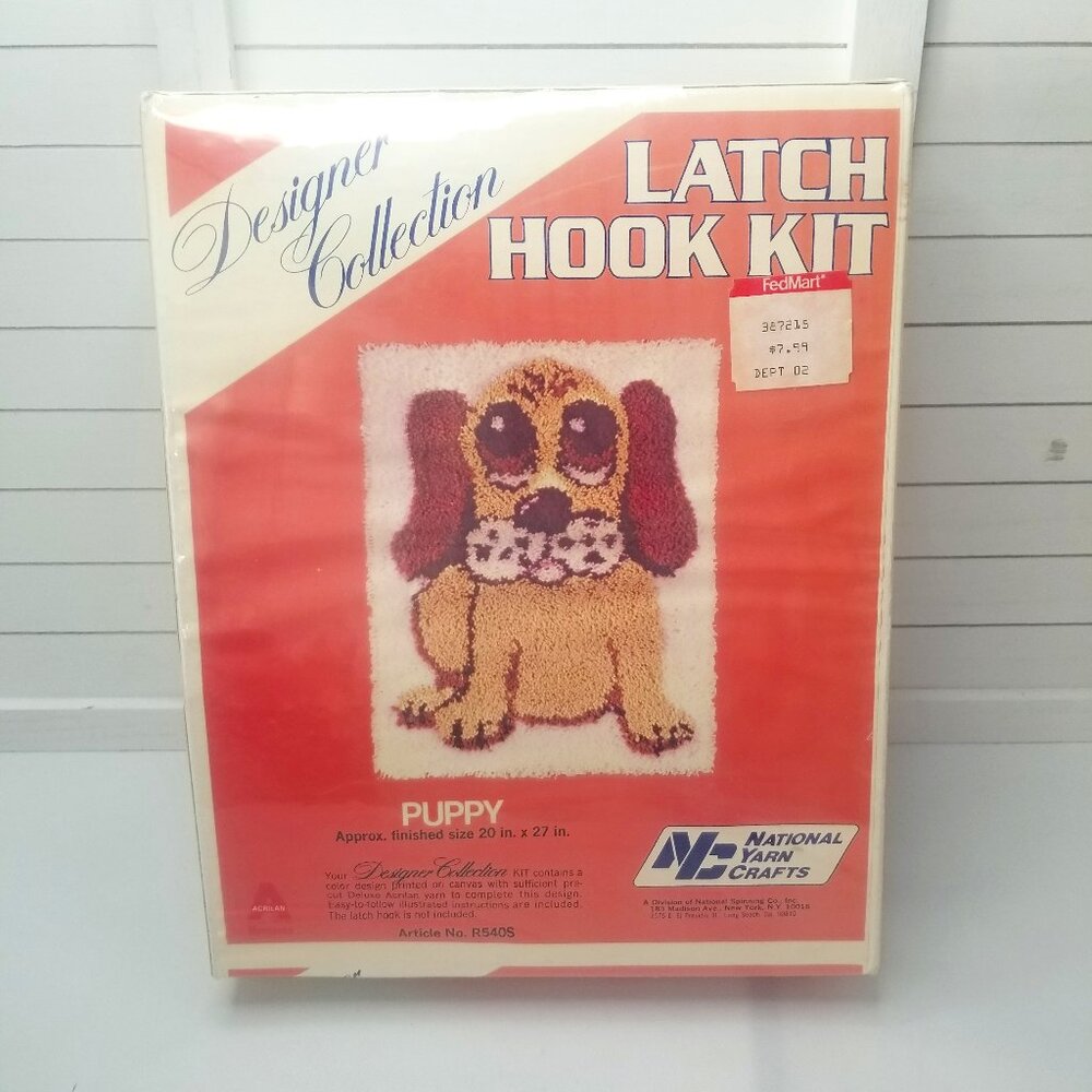 "RARE Vtg National Yarn Crafts Puppy Designer Collection Latch Hook Kit 20"x27"